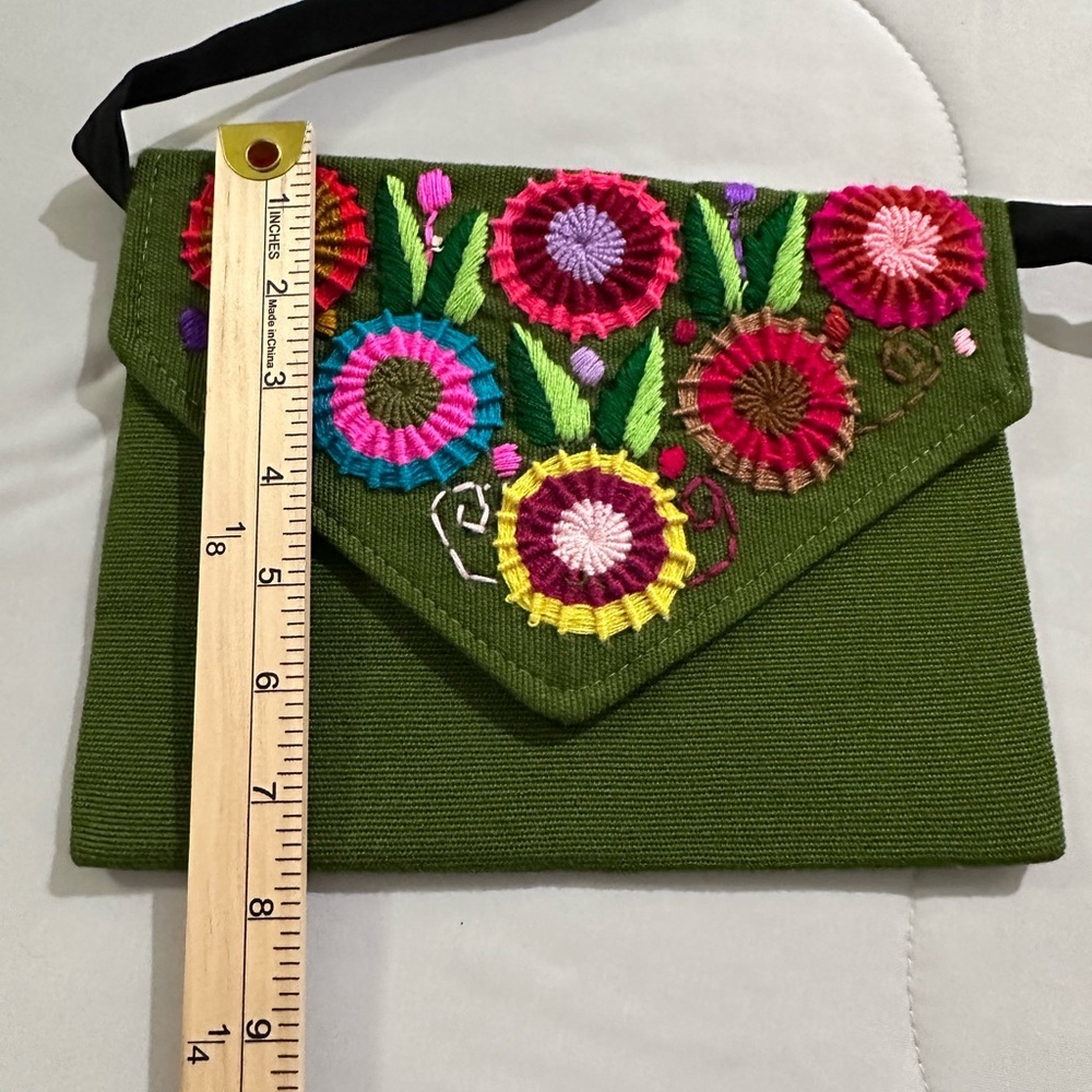 Hand Crafted Embroidered Floral Thin Envelope Crossbody Clutch Olive Green Bag - Picture 9 of 10